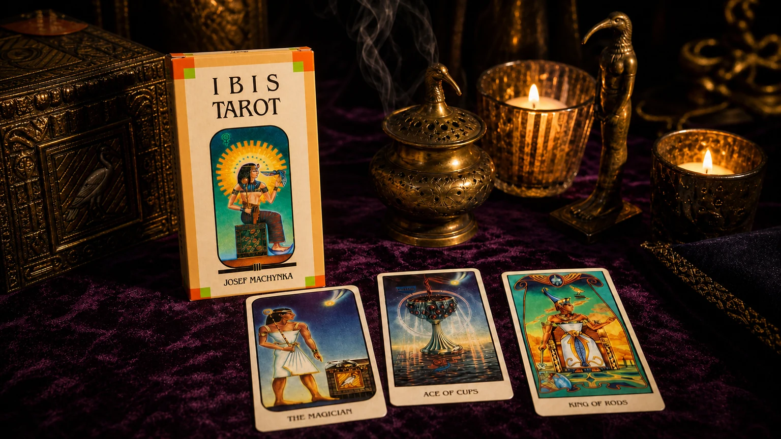 Ibis Tarot box by Josef Machynka with three deck cards on plum velvet in a realistic candlelit Egyptian tarot setting