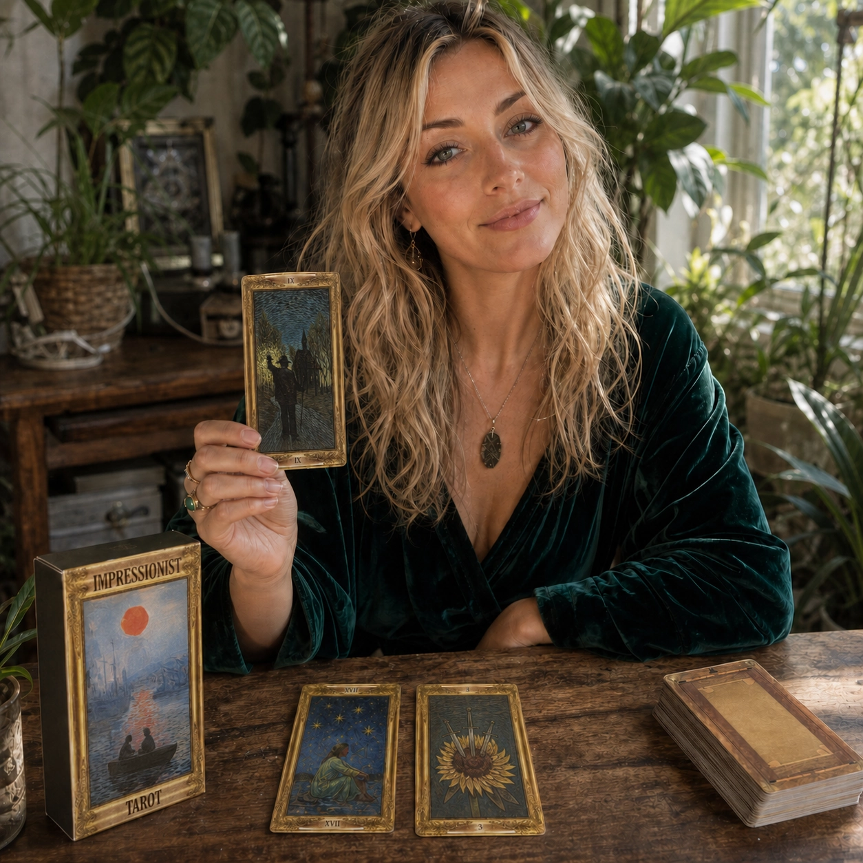 Aurica reading with the Impressionist Tarot deck
