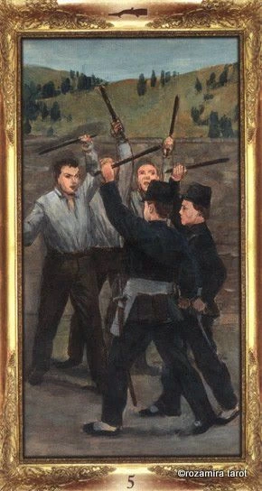 Five of Wands - Impressionist Tarot - Tarot Deck by Corrine Kenner, Artwork by Arturo Picca