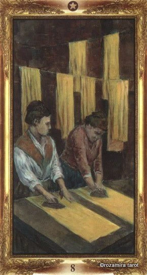 Eight of Pentacles - Impressionist Tarot - Tarot Deck by Corrine Kenner, Artwork by Arturo Picca