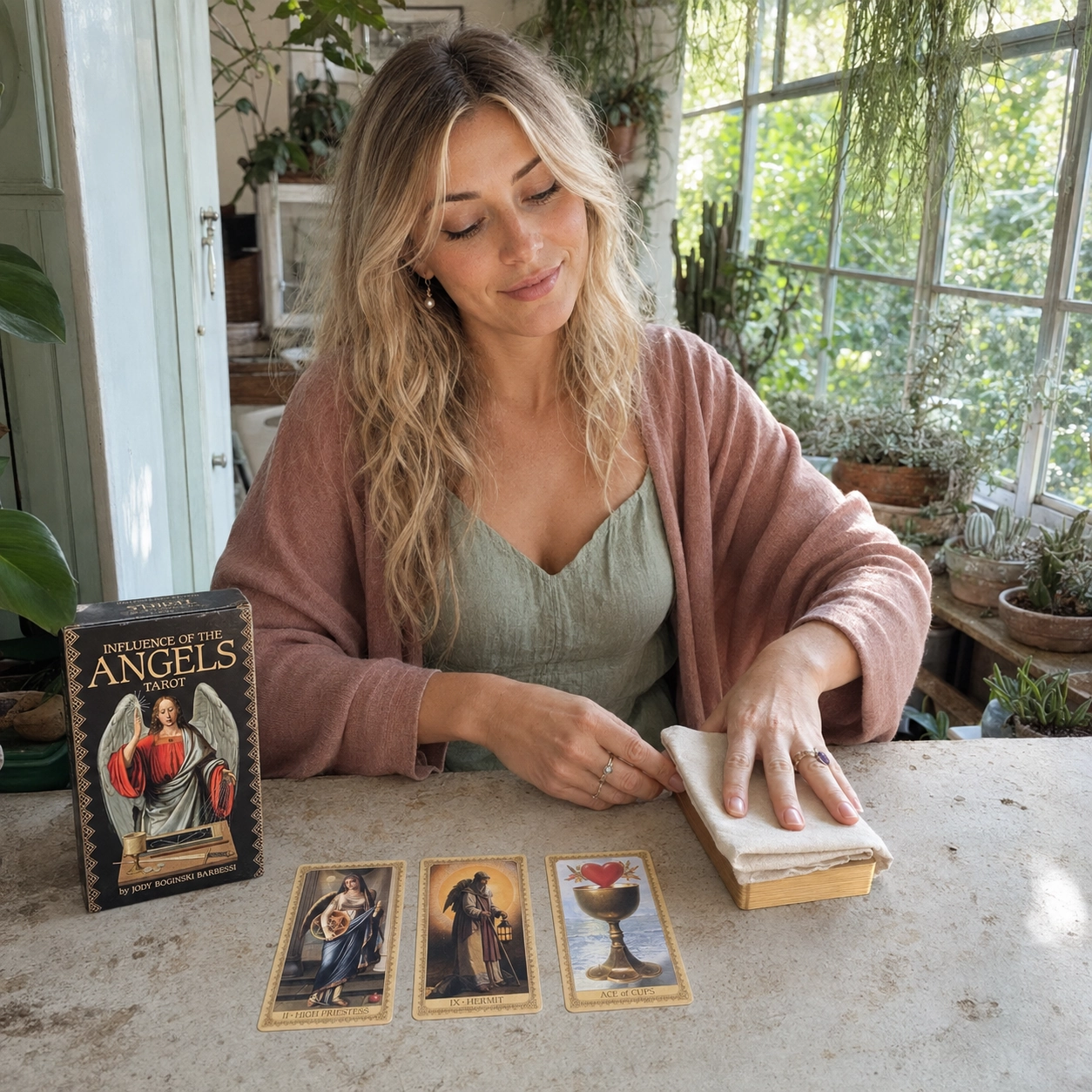 Aurica squaring the Influence of the Angel Tarot beside its box and a three-card spread