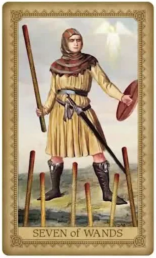 Seven of Wands card from the Influence of the Angel Tarot deck