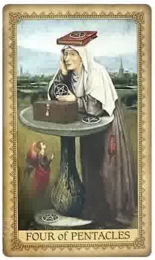 Four of Pentacles card from the Influence of the Angel Tarot deck