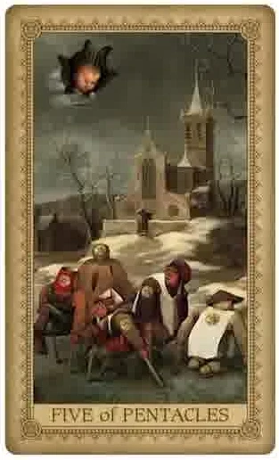 Five of Pentacles card from the Influence of the Angel Tarot deck
