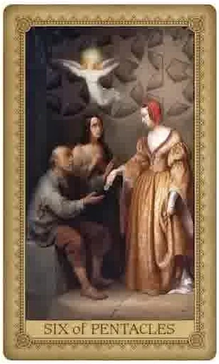 Six of Pentacles card from the Influence of the Angel Tarot deck