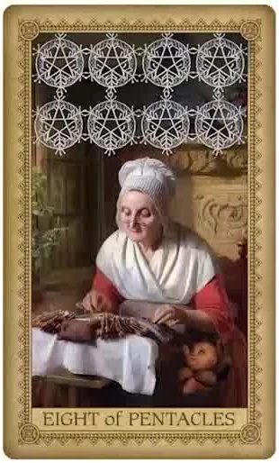 Eight of Pentacles card from the Influence of the Angel Tarot deck