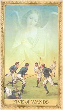 Five of Wands card from the Influence of the Angels Tarot deck