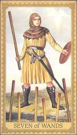 Seven of Wands card from the Influence of the Angels Tarot deck