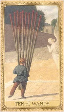 Ten of Wands card from the Influence of the Angels Tarot deck