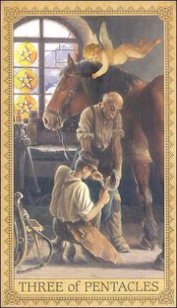 Three of Pentacles card from the Influence of the Angels Tarot deck