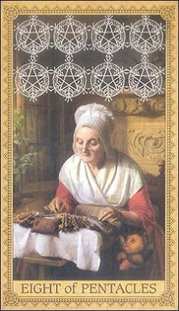 Eight of Pentacles card from the Influence of the Angels Tarot deck