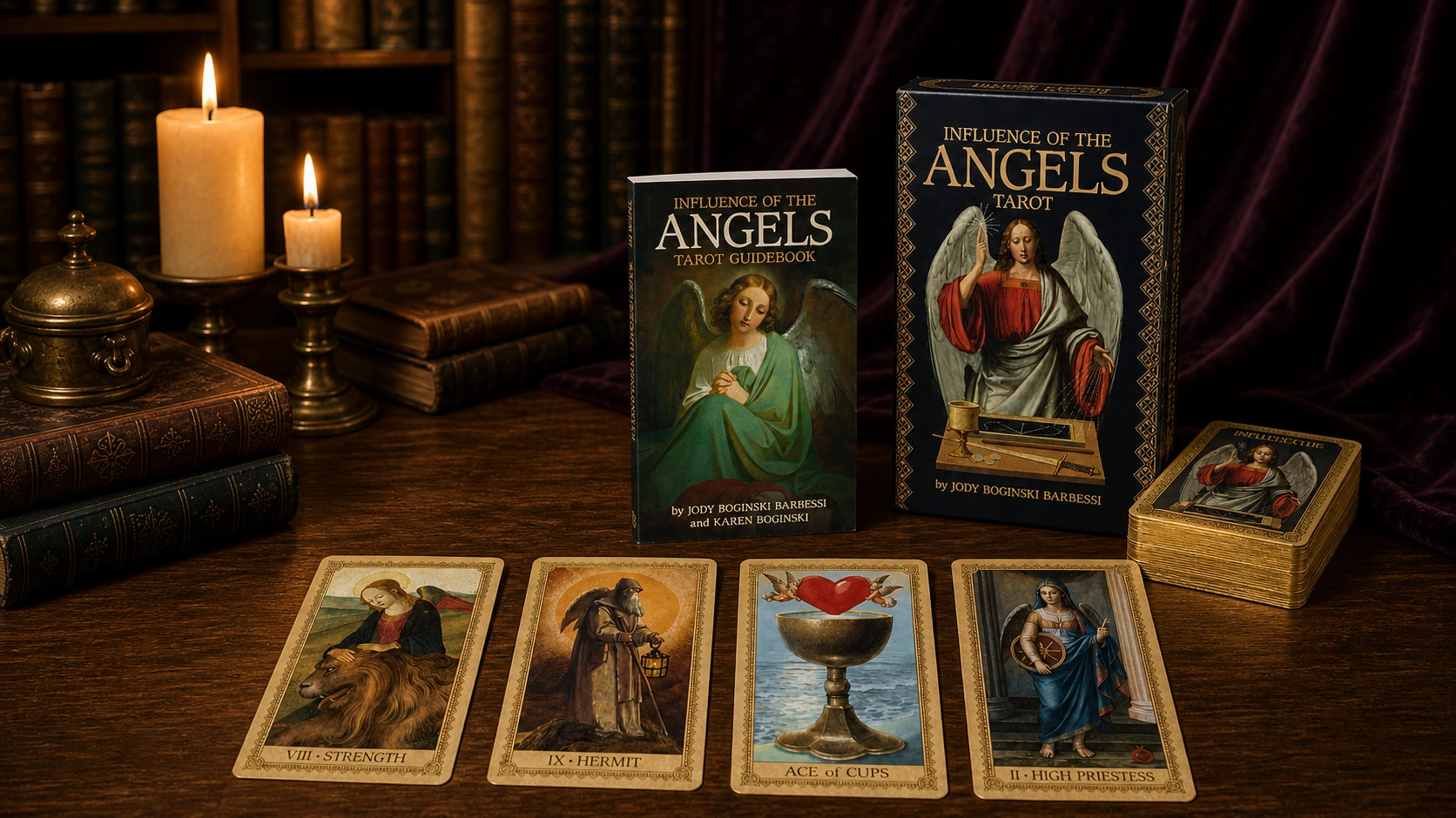 Influence of the Angels Tarot Deck by Jody Boginski Barbessi with Karen Boginski, shown as a generated box, guidebook and card spread