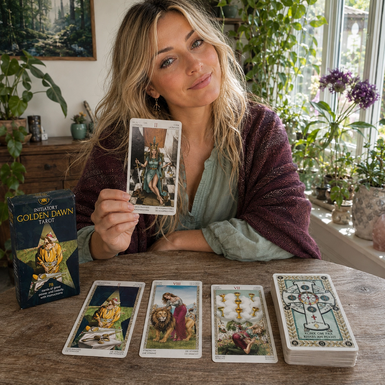 Aurica holding the High Priestess while reading with the Initiatory Golden Dawn Tarot box, spread, and stacked deck