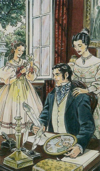The Lovers card artwork from the Jane Austen Tarot by Diane Wilkes and Lola Airaghi