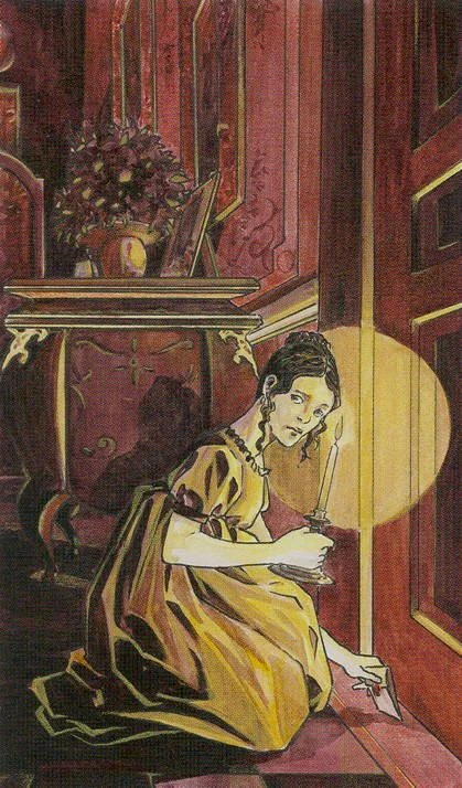 9 of Wands card artwork from the Jane Austen Tarot by Diane Wilkes and Lola Airaghi