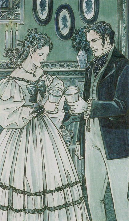 2 of Cups card artwork from the Jane Austen Tarot by Diane Wilkes and Lola Airaghi