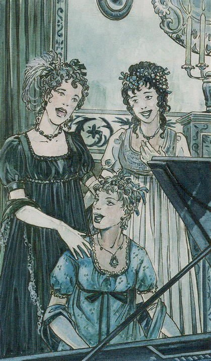 3 of Cups card artwork from the Jane Austen Tarot by Diane Wilkes and Lola Airaghi