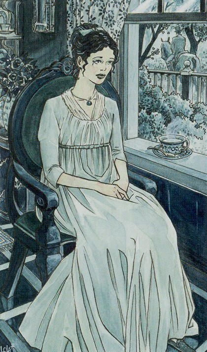 Queen of Cups card artwork from the Jane Austen Tarot by Diane Wilkes and Lola Airaghi