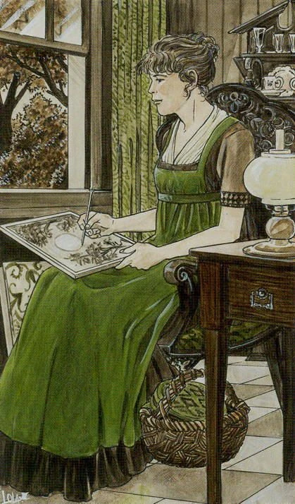 Queen of Pentacles card artwork from the Jane Austen Tarot by Diane Wilkes and Lola Airaghi