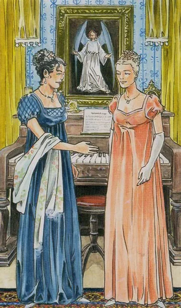 Temperance card artwork from the Jane Austen Tarot by Diane Wilkes and Lola Airaghi