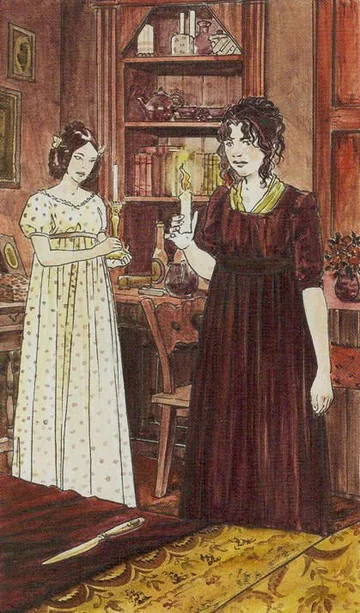 2 of Wands card artwork from the Jane Austen Tarot by Diane Wilkes and Lola Airaghi