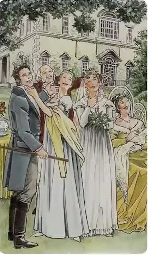 5 of Wands card artwork from the Jane Austen Tarot by Diane Wilkes and Lola Airaghi