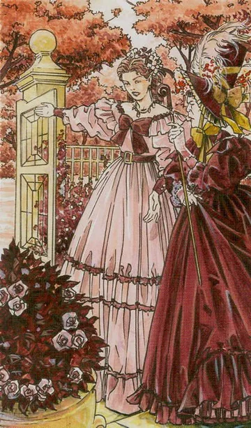 7 of Wands card artwork from the Jane Austen Tarot by Diane Wilkes and Lola Airaghi