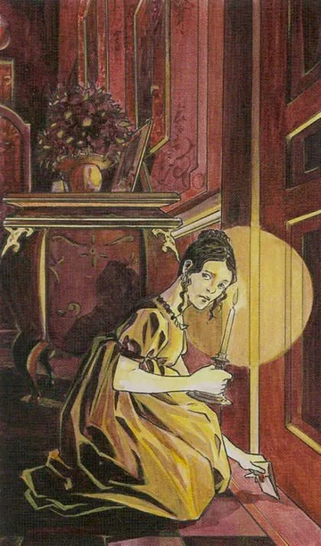 9 of Wands card artwork from the Jane Austen Tarot by Diane Wilkes and Lola Airaghi