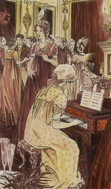 10 of Wands card artwork from the Jane Austen Tarot by Diane Wilkes and Lola Airaghi