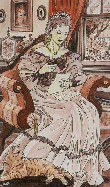 Queen of Wands card artwork from the Jane Austen Tarot by Diane Wilkes and Lola Airaghi