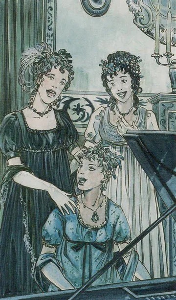 3 of Cups card artwork from the Jane Austen Tarot by Diane Wilkes and Lola Airaghi
