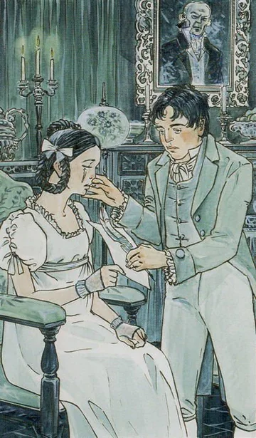6 of Cups card artwork from the Jane Austen Tarot by Diane Wilkes and Lola Airaghi
