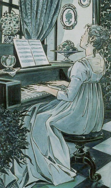 Page of Cups card artwork from the Jane Austen Tarot by Diane Wilkes and Lola Airaghi