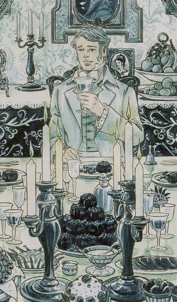 King of Cups card artwork from the Jane Austen Tarot by Diane Wilkes and Lola Airaghi