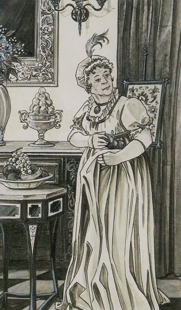 7 of Swords card artwork from the Jane Austen Tarot by Diane Wilkes and Lola Airaghi