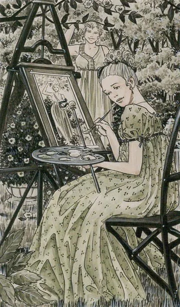 Page of Swords card artwork from the Jane Austen Tarot by Diane Wilkes and Lola Airaghi