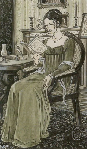 Queen of Swords card artwork from the Jane Austen Tarot by Diane Wilkes and Lola Airaghi