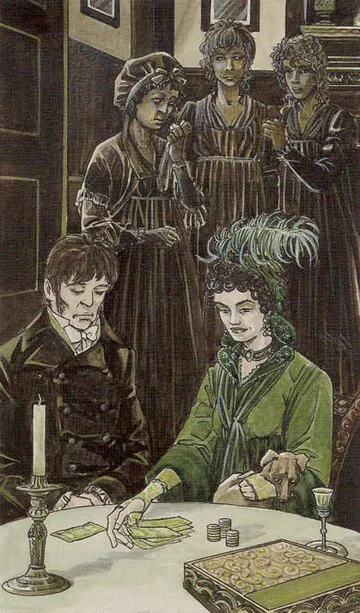 4 of Pentacles card artwork from the Jane Austen Tarot by Diane Wilkes and Lola Airaghi