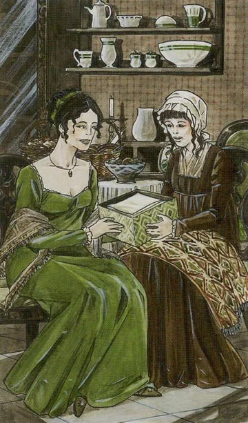 6 of Pentacles card artwork from the Jane Austen Tarot by Diane Wilkes and Lola Airaghi