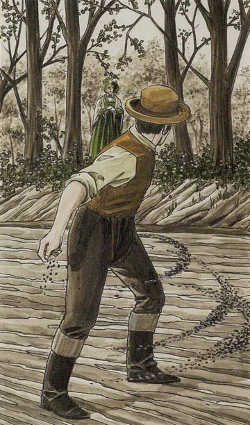 7 of Pentacles card artwork from the Jane Austen Tarot by Diane Wilkes and Lola Airaghi