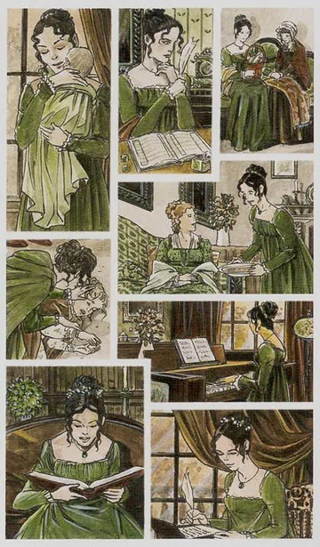 8 of Pentacles card artwork from the Jane Austen Tarot by Diane Wilkes and Lola Airaghi