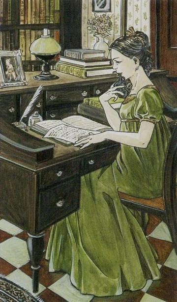 Page of Pentacles card artwork from the Jane Austen Tarot by Diane Wilkes and Lola Airaghi