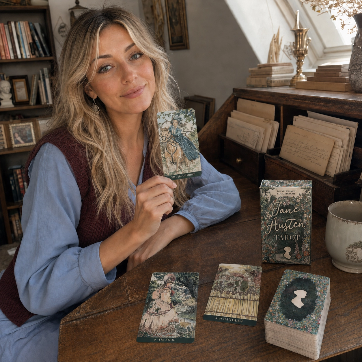 Aurica presenting The Chariot from Jane Austen Tarot beside The Fool, 4 of Candles, the deck box and stacked cards