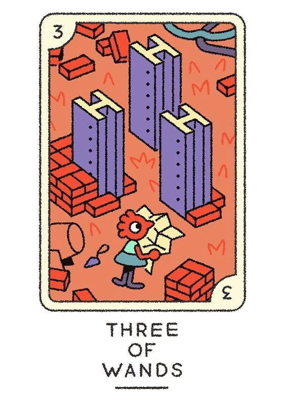 Three of Wands card from the Joe Sparrow Tarot deck