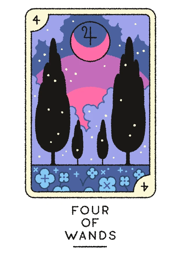 Four of Wands card from the Joe Sparrow Tarot deck