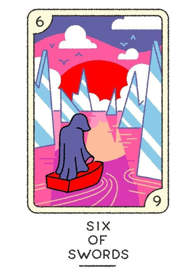 Six of Swords card from the Joe Sparrow Tarot deck
