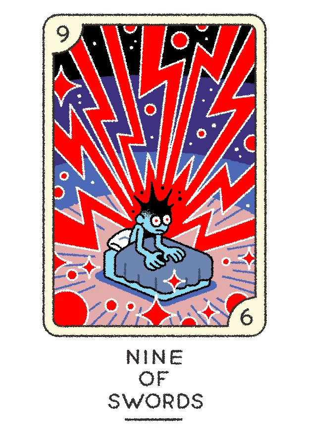 Nine of Swords card from the Joe Sparrow Tarot deck