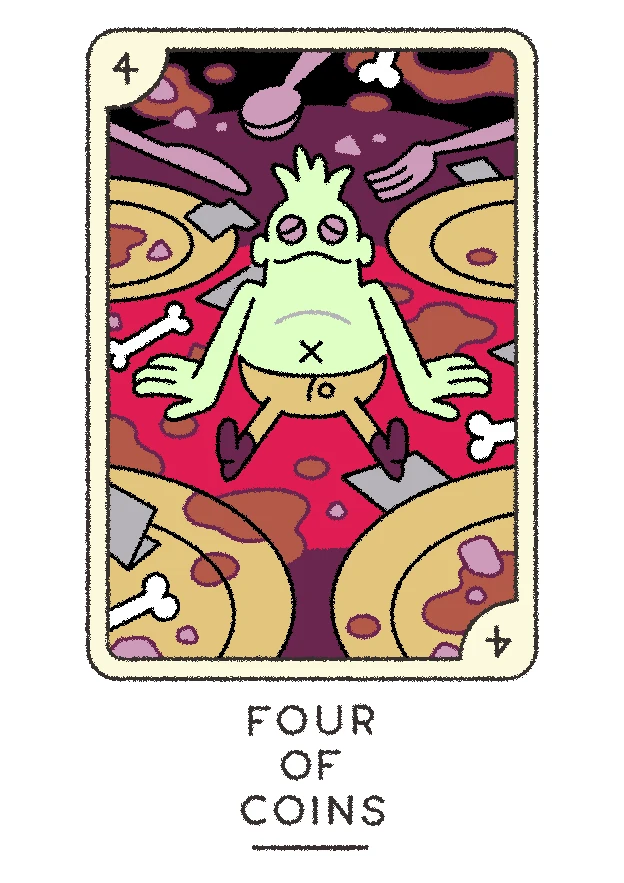 Four of Coins card from the Joe Sparrow Tarot deck