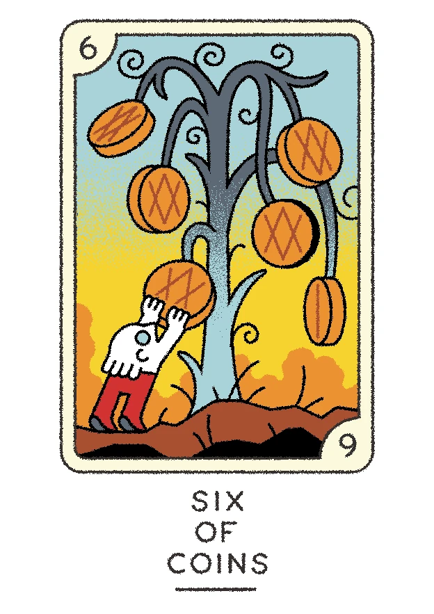 Six of Coins card from the Joe Sparrow Tarot deck