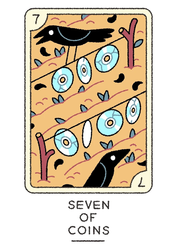 Seven of Coins card from the Joe Sparrow Tarot deck